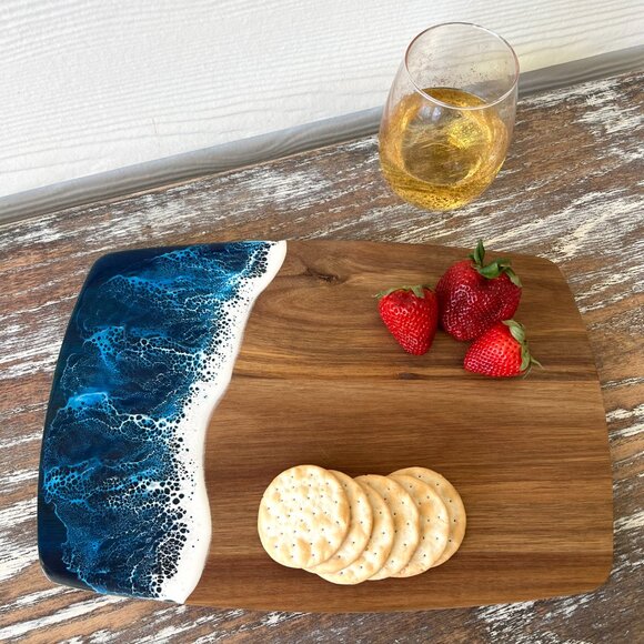 Ocean Waves Resin Wooden Cutting Board Charcuterie Board Cheeseboard Beach House - Picture 2 of 6